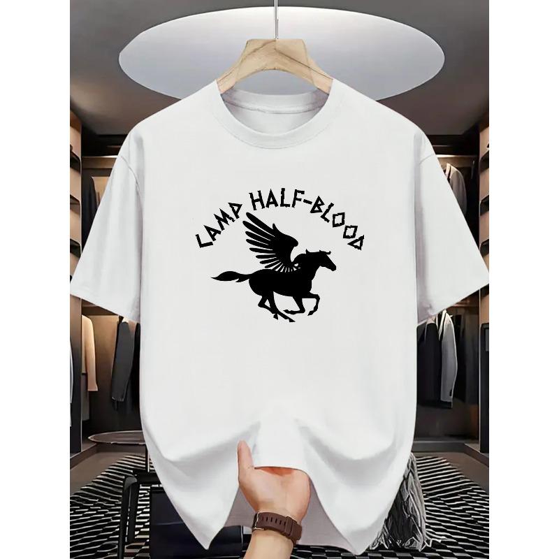 

European Size Men S Camp Half-Blood Graphic T-Shirt - Black Short Sleeve Tee with Flying Horse Print, Casual Summer Style for Young Adults S белый