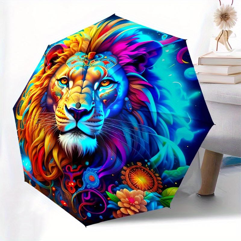 Lion, Fantasy Automatic Folding Umbrella 8 Ribs, Durable Iron Frame, Bright Color Pattern Compact Travel Umbrella, Suitable for Outdoor, Be