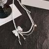 Adjustable Length Bowknot and Pearls Necklace Glass Beads Double Layer Choker Handmade Business Meeting Jewelry