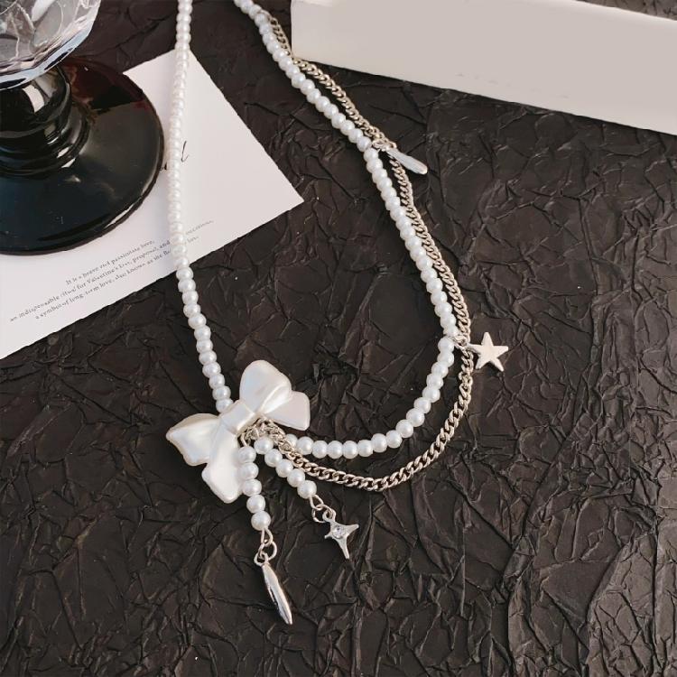 Adjustable Length Bowknot and Pearls Necklace Glass Beads Double Layer Choker Handmade Business Meeting Jewelry
