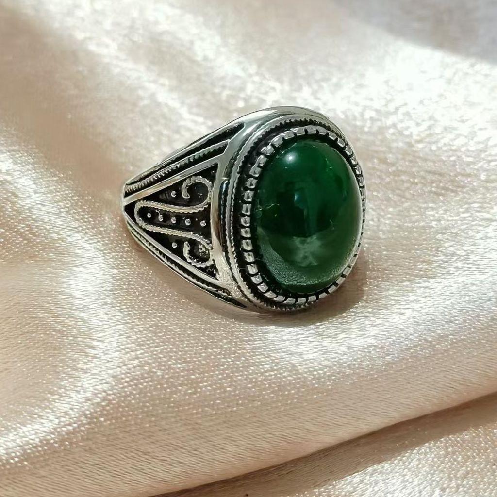 Men's Gold-Plated Brass Ring with Obsidian Sand and Agate