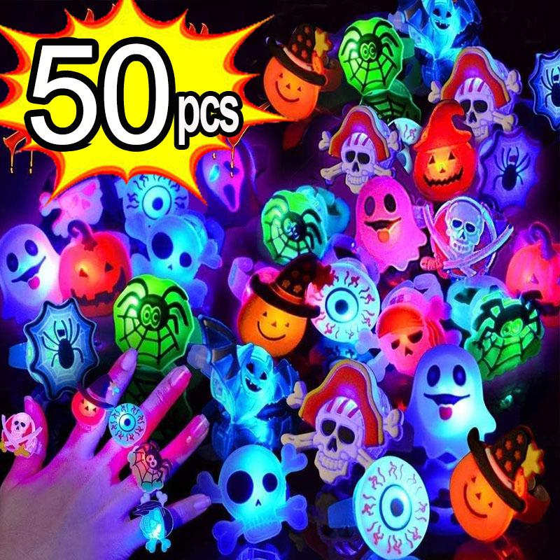 50PCS LED Luminous Halloween Rings Creative Pumpkin Ghost Skull Glowing in Dark Rings For Halloween Party Decoration Supplies