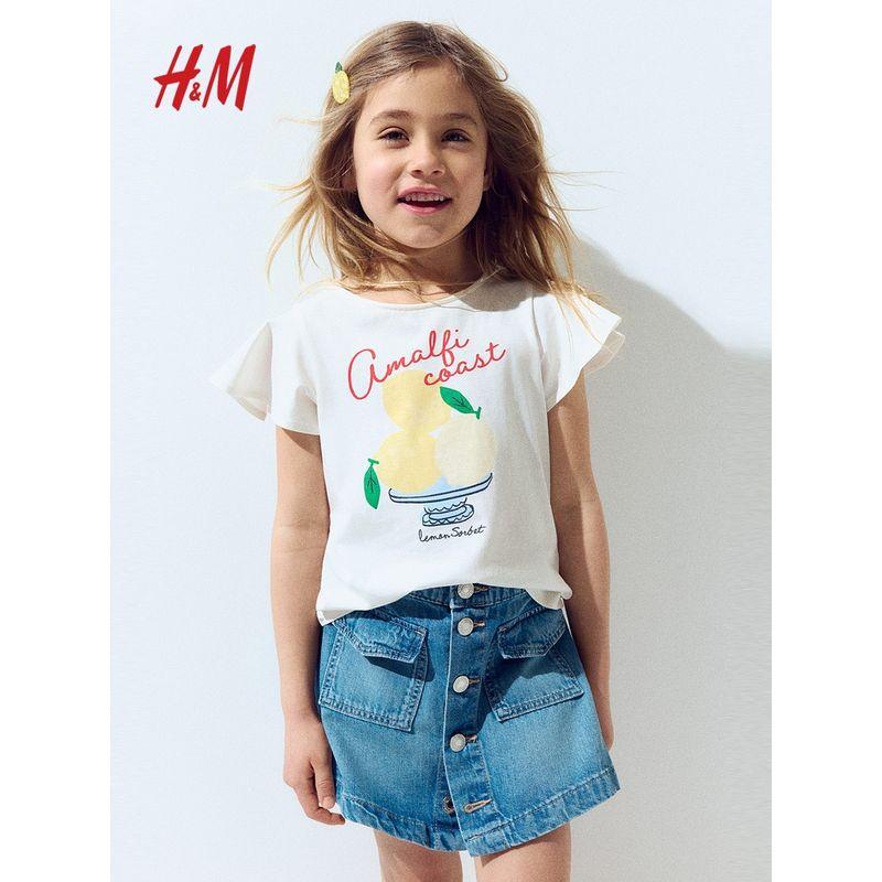 

Детская одежда HM Футболка для девочки 2025 Лето Новое поступление Западный стиль Рукав с оборками Хлопок С принтом Круглый вырез Топ 1290744 Blue/Lemon 110/56(2-4Y)