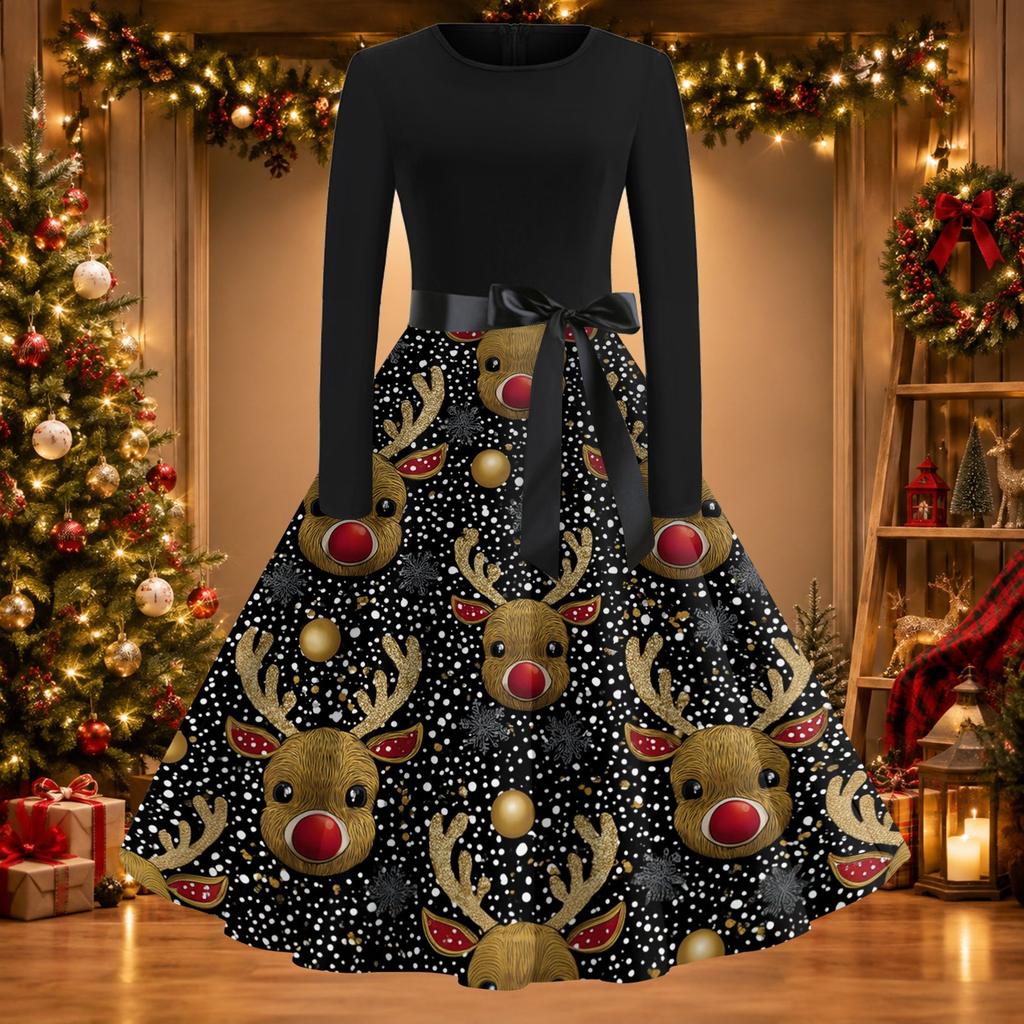 Women's Casual Christmas Print Long Sleeve Round Neck Slim Fit Flared Party Dress