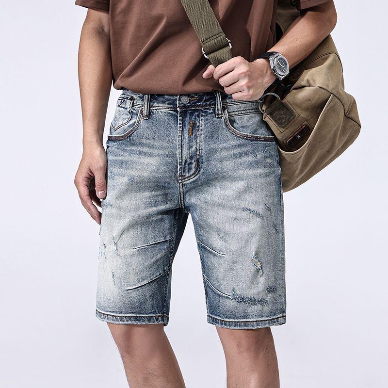 New Summer American Casual Denim Shorts Retro Straight Mid-tie Ripped Five-point Pants