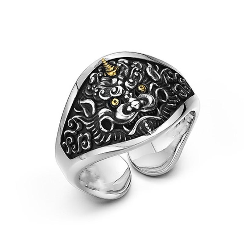 Adjustable Open Ring Men Women Vintage 3D Pixiu Sterling Plated Geometric Animal Statement