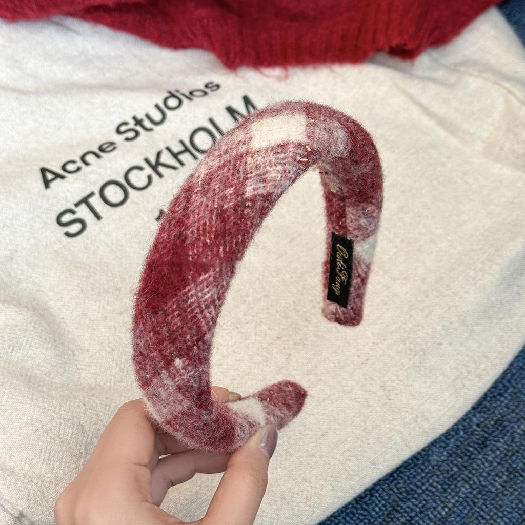 Women's Red Plaid Wool Wide-Brimmed Headband - Perfect for Christmas & New Year Outings