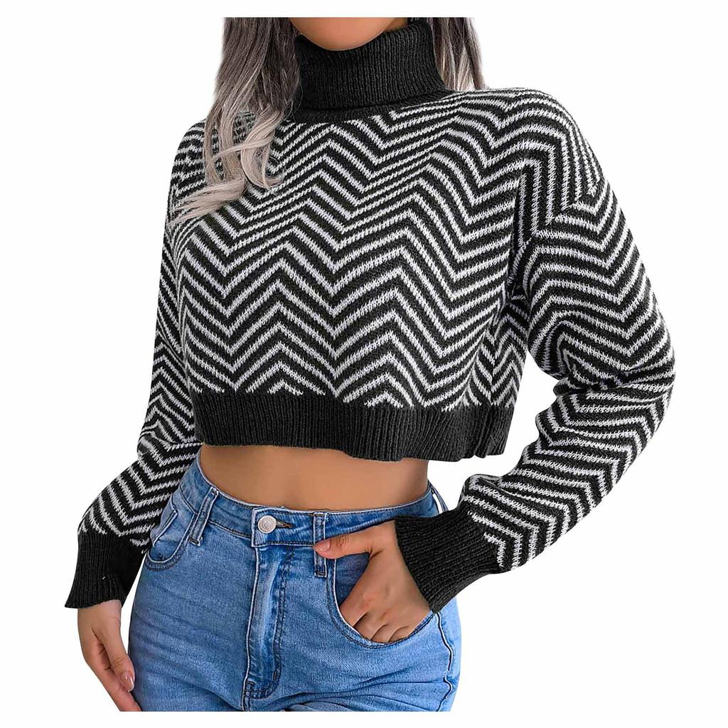 Women's Fashion Casual High Neck Long Sleeve Striped Crop Sweater