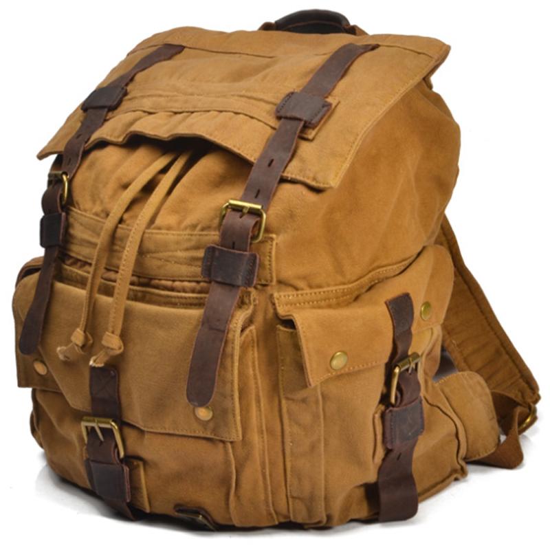 Vintage Leather Military Canvas Travel Backpacks Men &Women School Backpacks Men Travel Bag Big Canvas Backpack Large Bag