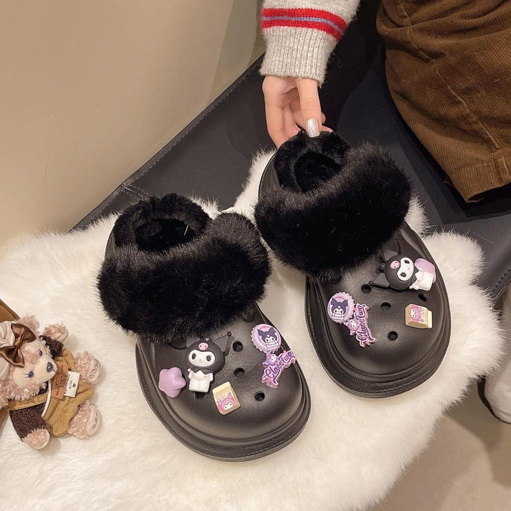 Wear heightening non-slip fluffy cotton slippers 2025 autumn and winter new cute cartoon velvet thick-soled hole shoes for women