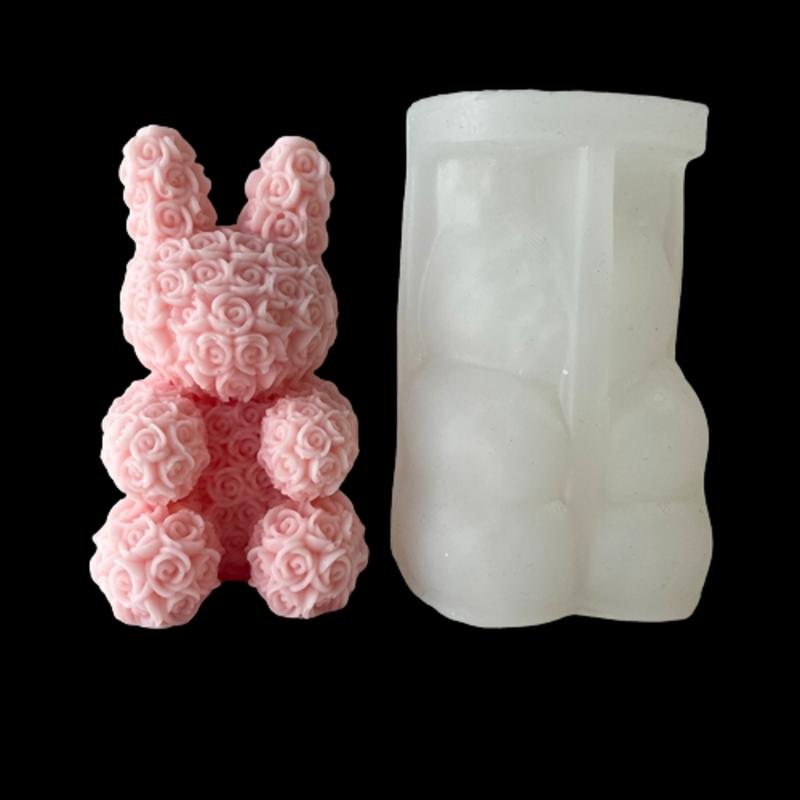 Rose Series Animal Aromatherapy Candle Silicone Mold Diy Rabbit Bear Handmade Soap Dripping Plaster Decoration Mold
