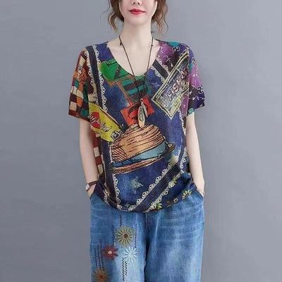 Summer Fall Fashion Knit Clothes Vintage Floral Print Harajuku Retro Women Round Neck Half-sleeve Sweaters Lady Loose Pullovers