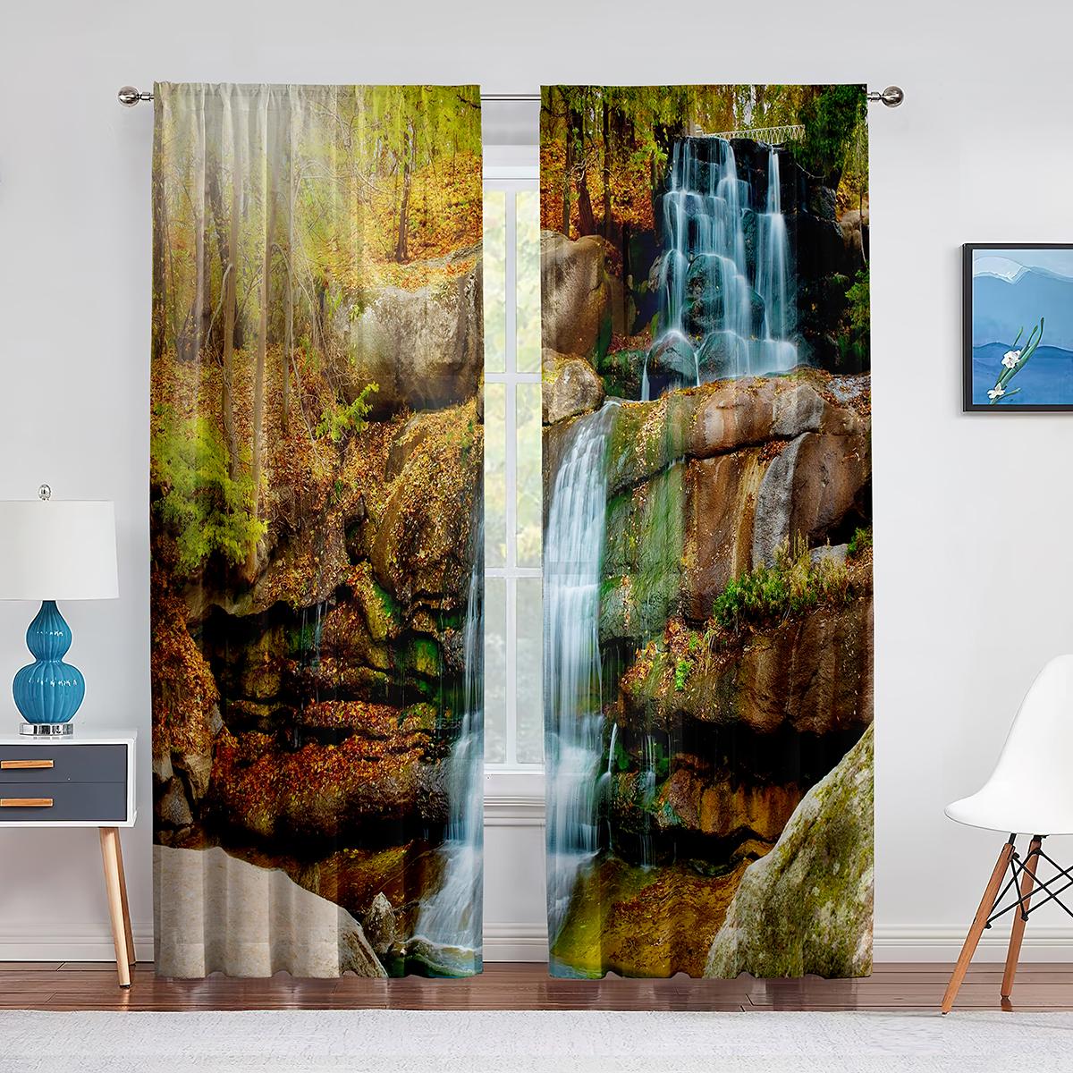 

2 панели Водопад с темой природного ландшафта Зеленый лес Речные шторы для гостиной Спальни Шторы Жалюзи Оконная драпировка 100W130H(CM)40x51in&Grommet Top