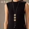 New Color Oil Geometric Lines Tassel Long Necklace, Women's Retro High-end Leather Rope Long Pendant