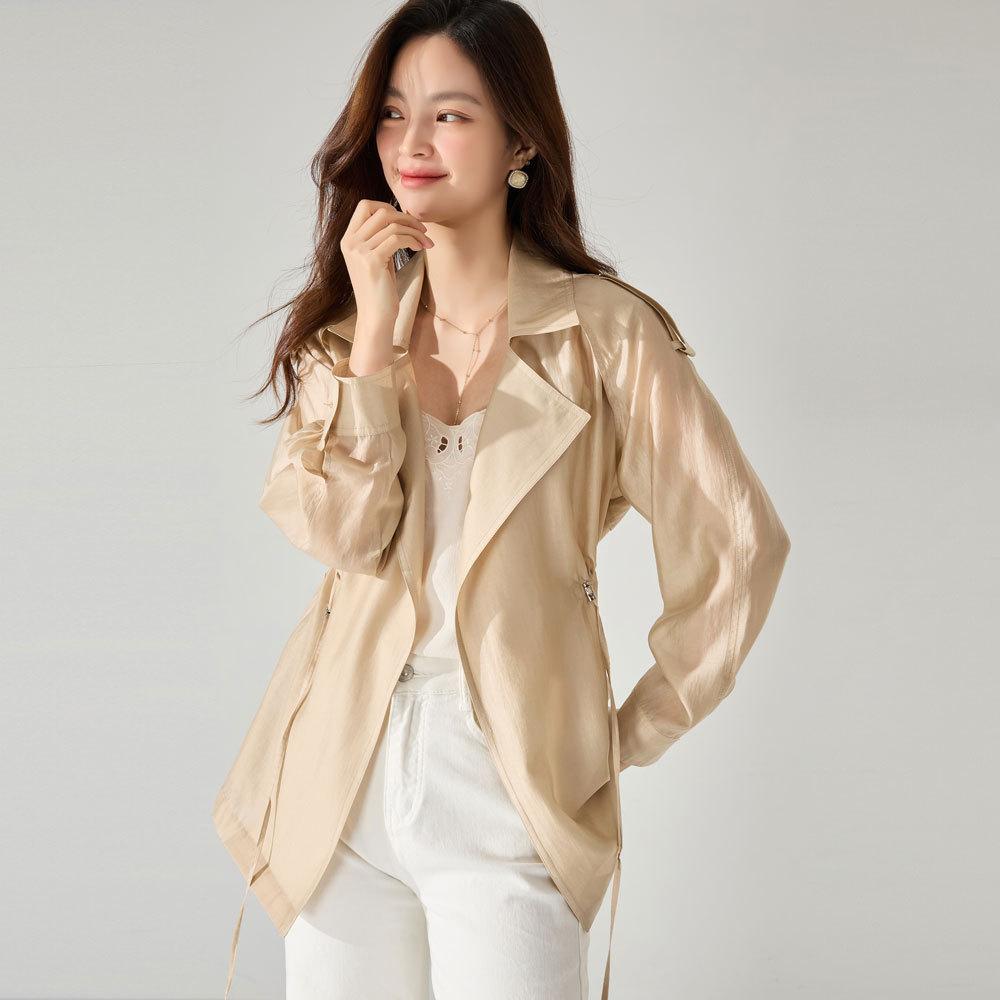 Tencel skin-friendly and breathable, thin and transparent sunscreen, light air-conditioning shirt, drawstring waist long-sleeved trench coat 23232