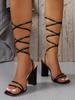 New Summer Elegant Lace-up Solid Color Square-toe Banquet High Heels Open Toe Fashion Thick Heels Sexy Women's Sandals