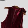 INCERUN Men Lacing Neck Sleeveless Solid Velvet Party Long Rompers Jumpsuits