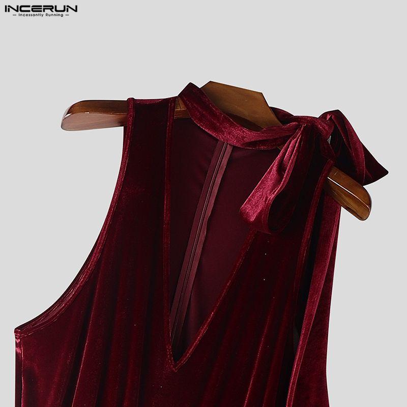 INCERUN Men Lacing Neck Sleeveless Solid Velvet Party Long Rompers Jumpsuits