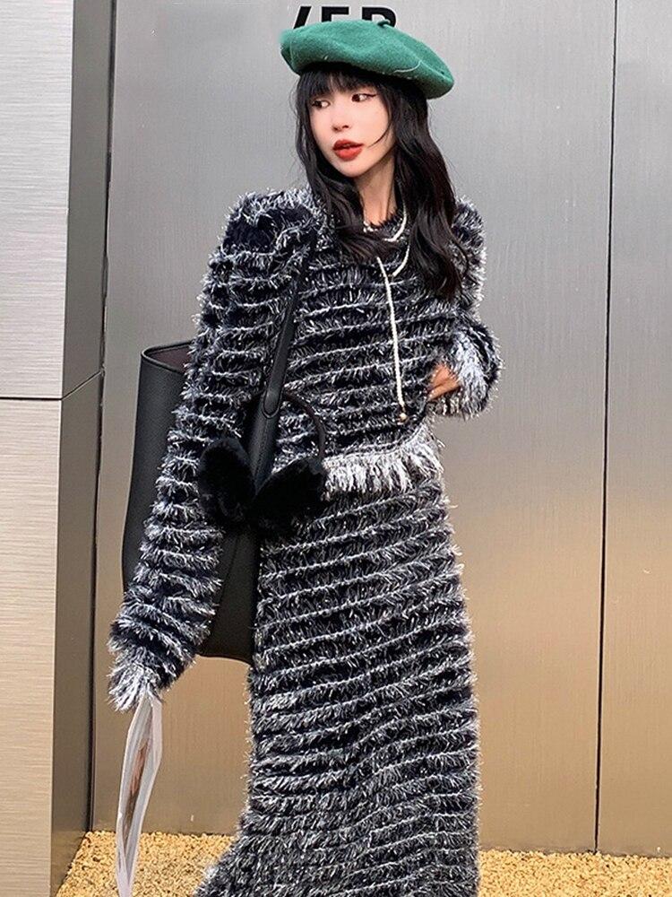 Xitao Knitted Two Piece Set Tassel Striped Full Sleeve Top Skirt Women FBB1498