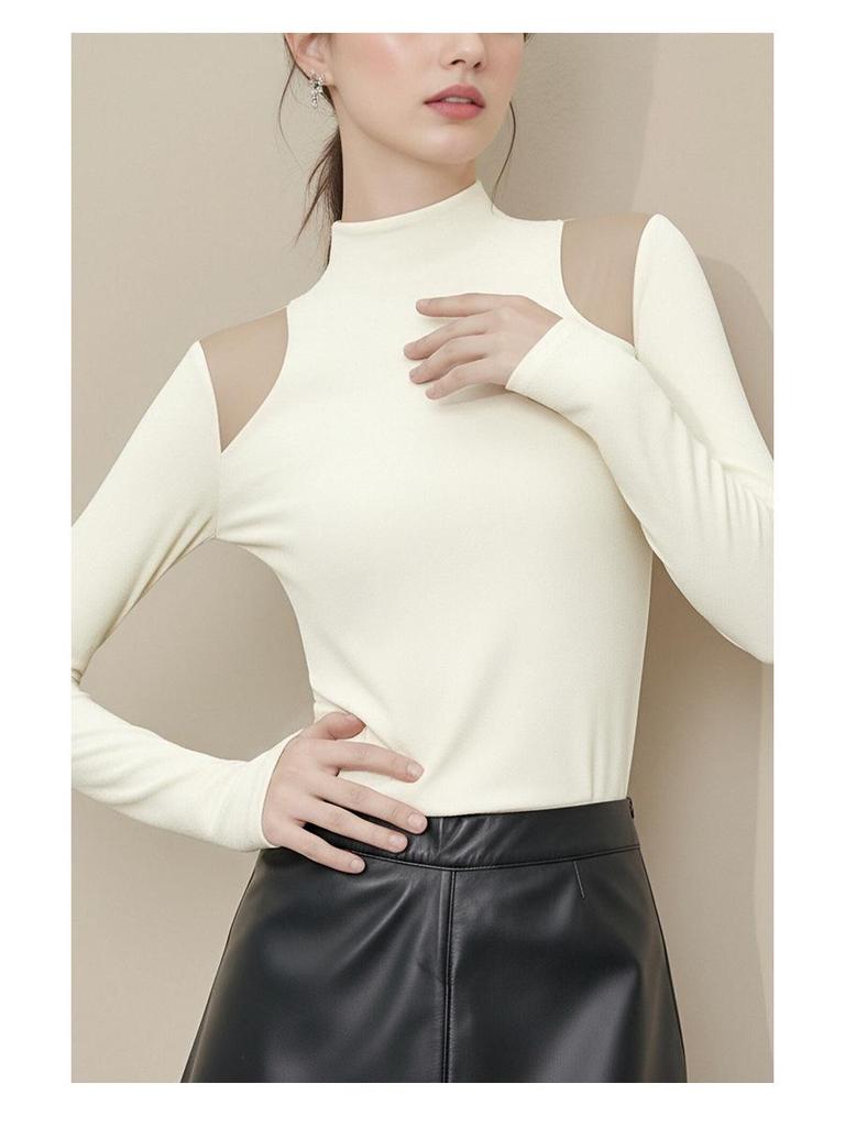 Cotton Cocoon Off-Shoulder Half-High Neck Slim Long-Sleeve Top for Women - 2026 Spring/Autumn Collection