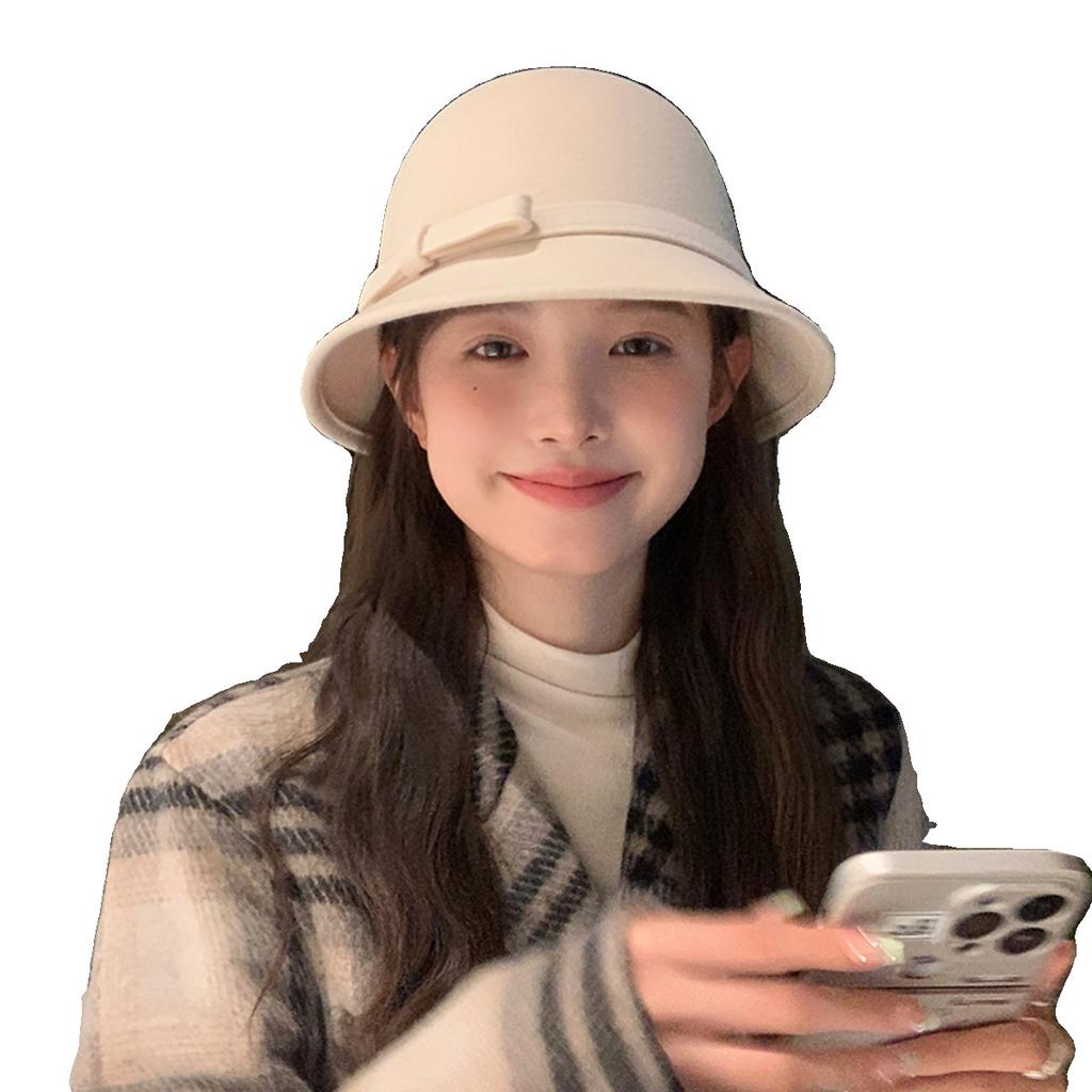 Autumn and Winter Bow Fashion Hat Hepburn Style Australian Wool Fisherman Hat French Retro Small Fragrance Elegant Top Hat