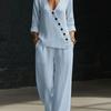 2026 Spring and Summer New Women's Clothing, European and American Minimalist Temperament Loose V-neck Diagonal Button Shirt Wide-leg Pants Two-piece
