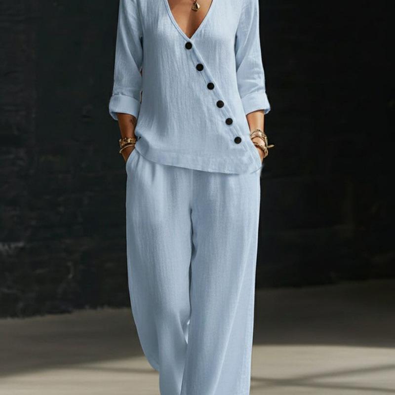 2026 Spring and Summer New Women's Clothing, European and American Minimalist Temperament Loose V-neck Diagonal Button Shirt Wide-leg Pants Two-piece