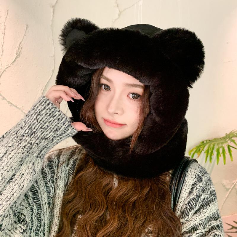 2-in-1 Hat and Scarf, Ear Scarf Hat Beanie, Cute Ear Plush Hat Scarf Combo, Integrated Ear Protection Windproof Cap Scarf for Women