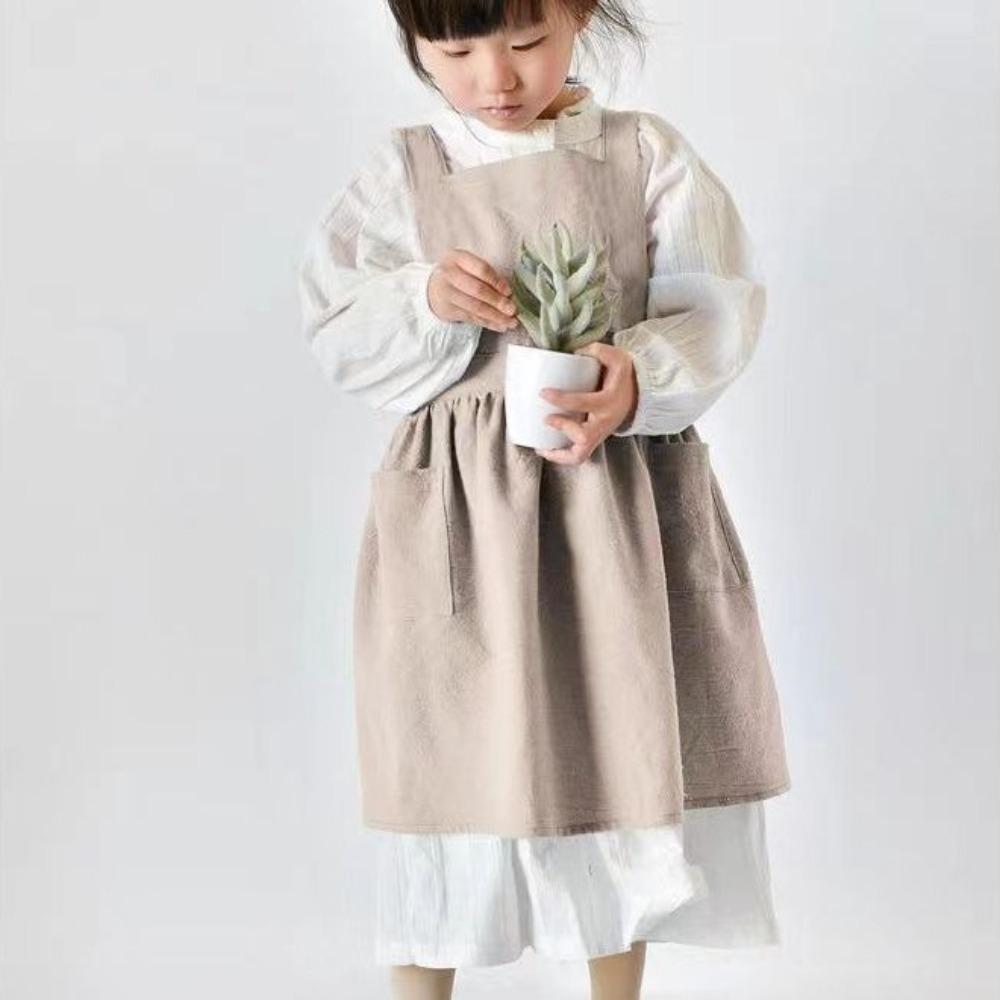 Kawaii Japanese Style Kids Apron Dress Cotton Solid Color Coffee Aprons Soft Cross-back Gardening Overalls for Painting Baking