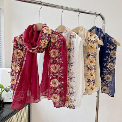 Bufanda de Algodón con Flores Bordadas, Chal Elegante, Protección para el Cuello de Mujer, Moderna y Cálida