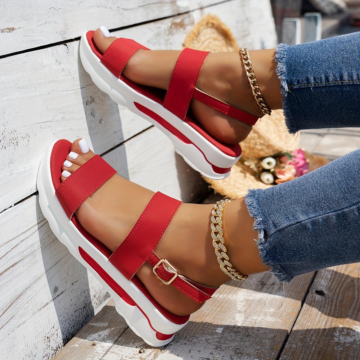 

Женские летние повседневные босоножки на платформе с открытым носком, застегивающиеся на пряжку, однотонные, с ремешком на щиколотке, клиновидные туфли, босоножки с пряжкой 38 красный