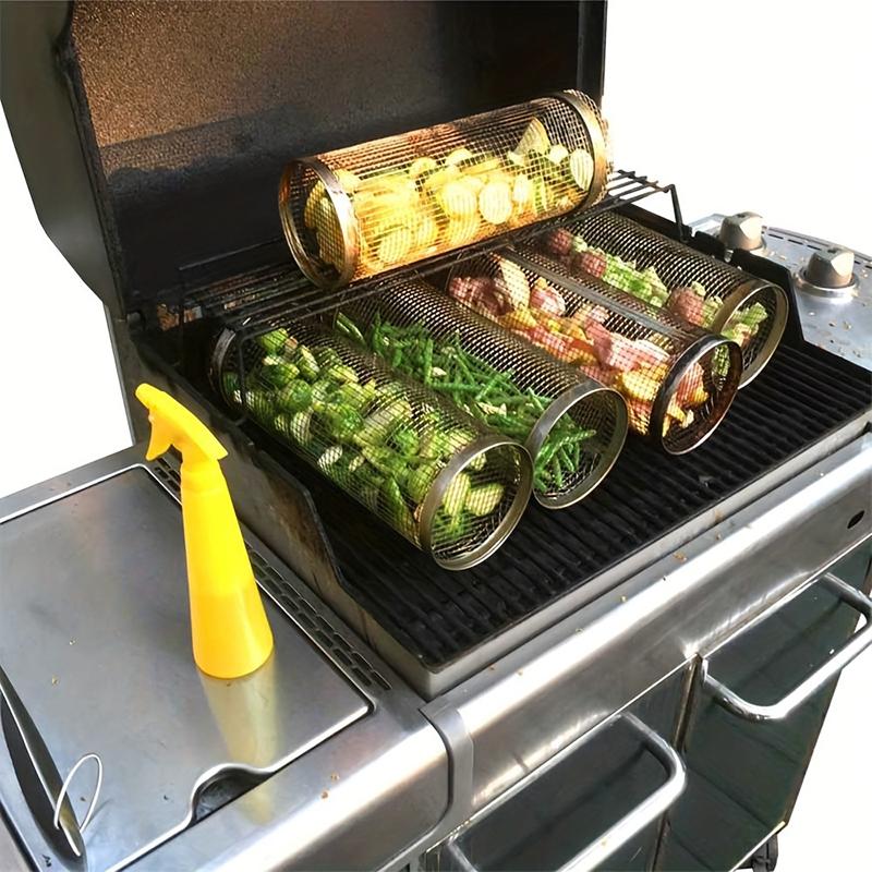 Portable Outdoor Cylindrical Barbecue Basket Picnic Bbq Smoking Net Camping Picnic Rolling Barbecue Cage And Cooking Accessories