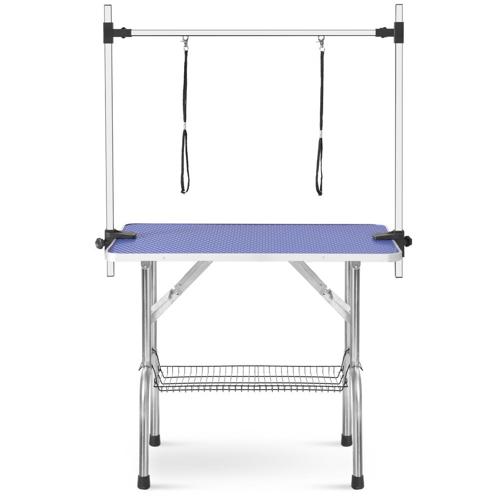 Tavolo Professionale Pieghevole per Toelettatura Animali Domestici Dotato di Braccio di Supporto Portatile, Guinzaglio e Ripiano a Rete Blu 90*60*76cm (L*P*A) Capacità di carico massima 60 kg