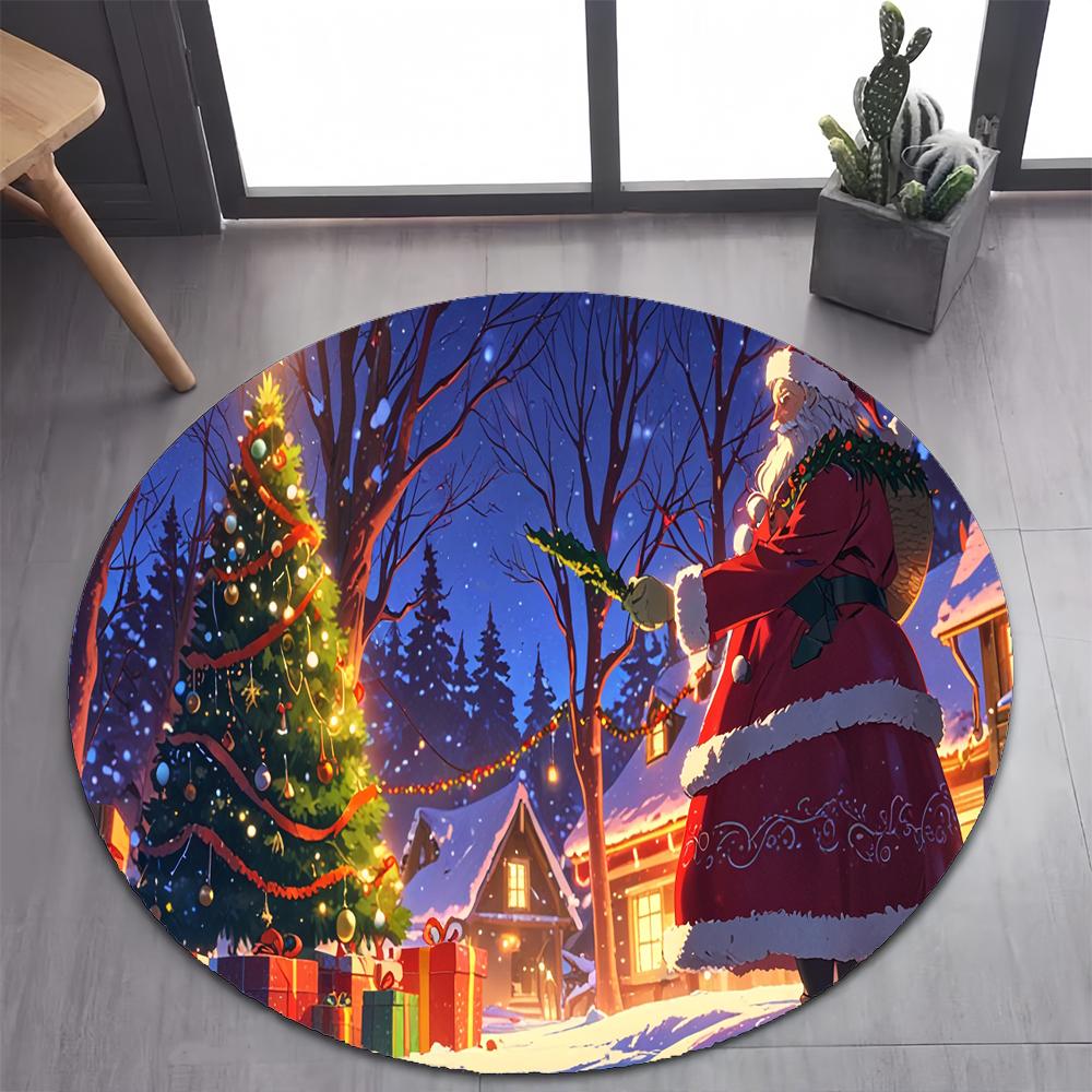 Niedlicher Weihnachtsmann Frohe Weihnachten Baum Cartoon Festival Geschenk Runder Teppich für Schlafzimmer Wohnzimmer Dekoration, Dekor Bodenmatte