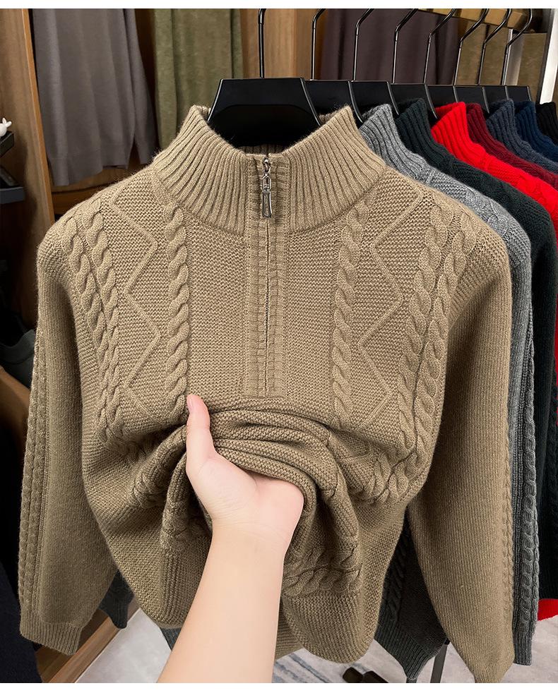 Herren Winter dicker Strick Pullover mit halbem Reißverschluss und Stehkragen