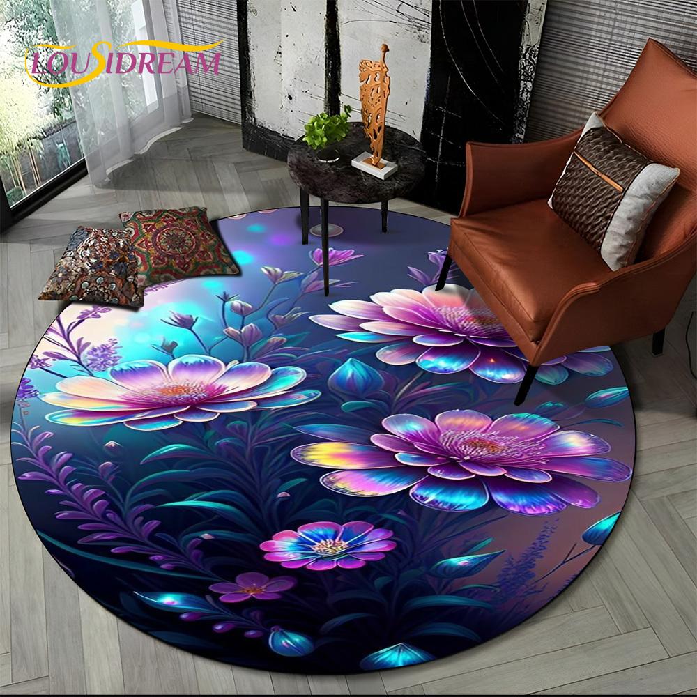 3D Dream Flower Rose Daisy Nordic Round Carpet Rug for Living Room Bedroom Child Playroom Chair Decor,Pet Area Rug Non-slip Mat