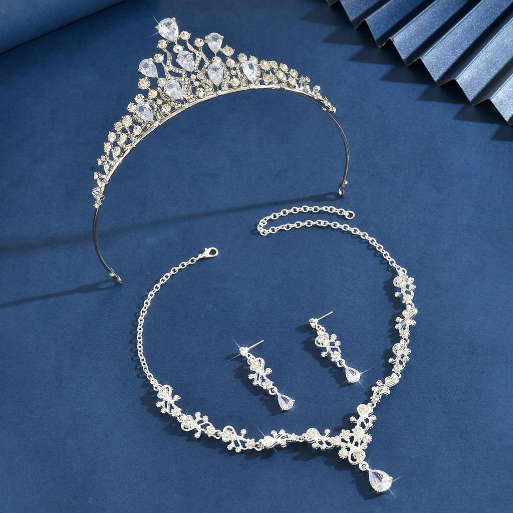 Ladies' fashionable water droplet light luxury necklace earrings crown Zircon set wedding party holiday gift