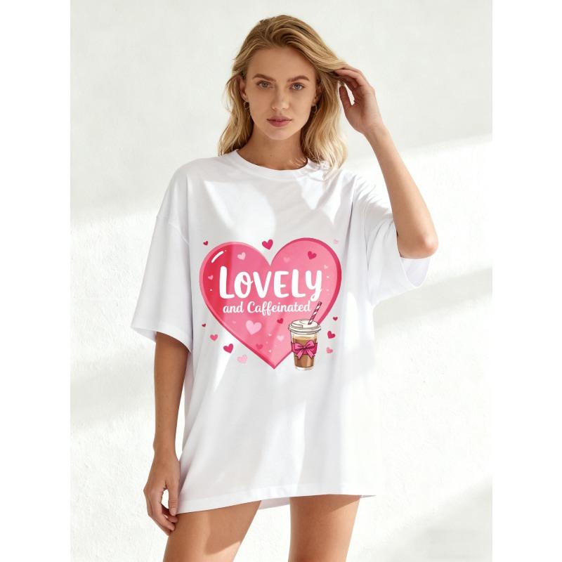 Oversized T Shirt Black Lovely And Caffeinated Heart Coffee Cup Print Casual Wear For Women Summer Outfit Trendy Graphic Tee