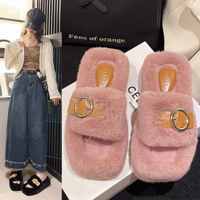 2024 Autumn and Winter New Square Head Thick Bottom Outside To Wear Flat Plus Fleece One Word Fashion Belt Buckle Slippers