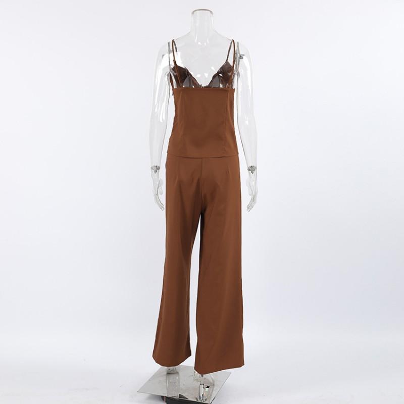 Womens Vintage Brown Sleeveless Top Long Pants Set Office Commute 2-Piece Outfit