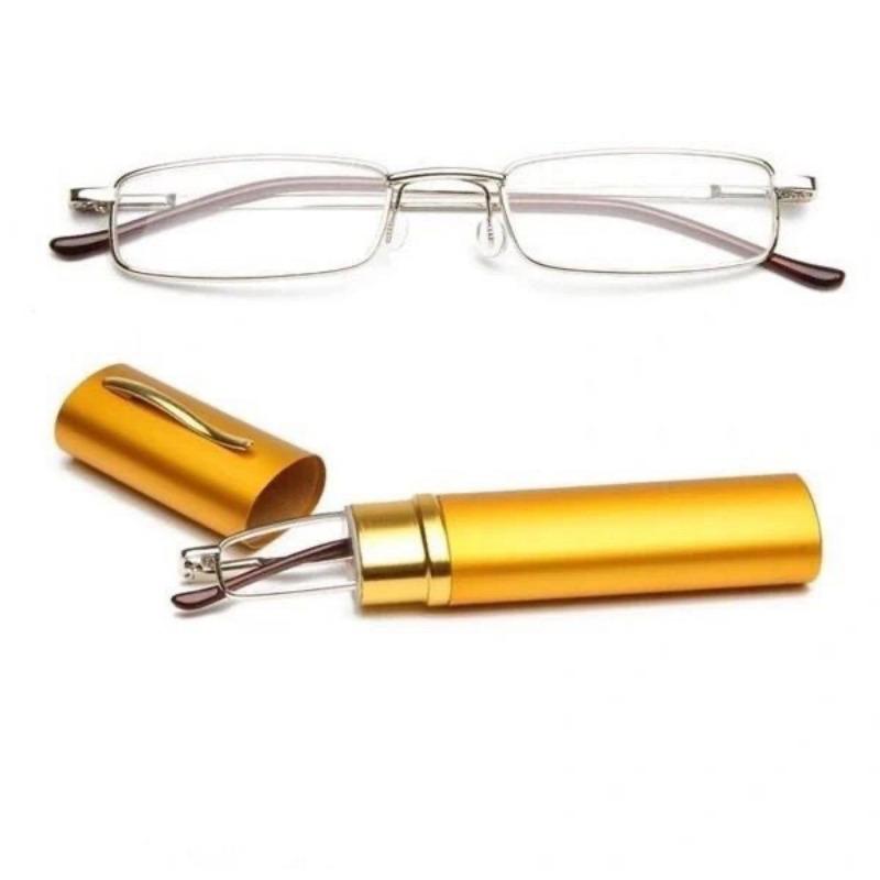 Unisex Reading Glasses With Pen Tube Case Portable Presbyopic Glasses Metal Case Spring Hinge Eyeglasses Vision Care +125+175