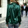 Women's Satin Blouse with Stand Collar, Pleated Long Sleeves and Ruffle Cuffs