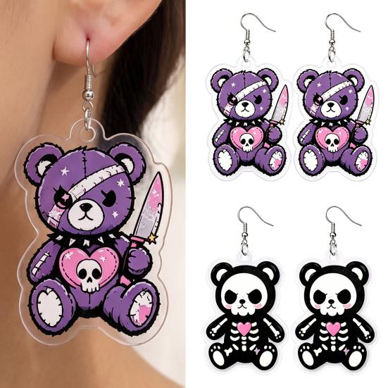 Lightweight Acrylic Earrings 1 Pair Halloween Dangle for Women, 2D Cute Edgy Dark Aesthetic Jewelry Skeleton Bear Earrings, Funny Party Holiday