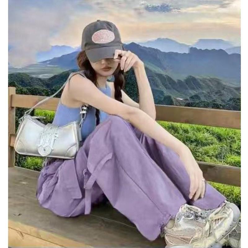 Womens High-Waisted Wide-Leg Cargo Pants Purple Loose Fit Quick-Dry Nylon Travel Hiking Trousers