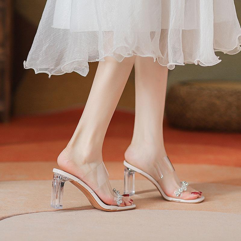 Rhinestone slippers women's fashion new sandals crystal high heel thick heel high transparent sandals