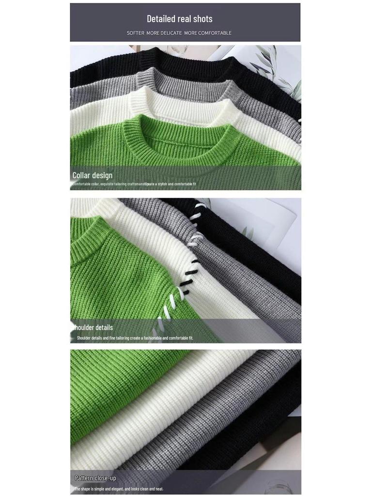 Men's Y2K Style Thick Knitted Wool Sweater, Warm Half-High/Low Neck, Lazy Style Sweater