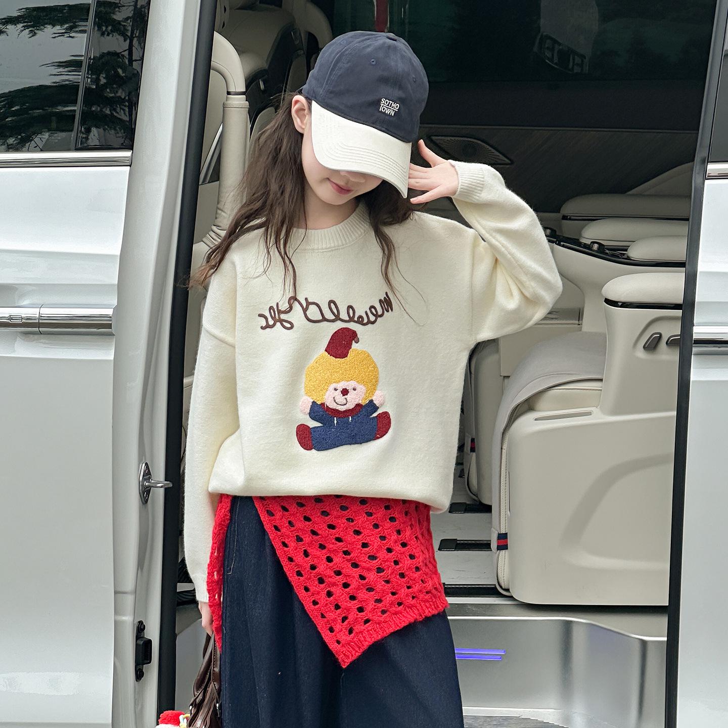 

2025 Милый свитер с клоуном для девочек - Модный осенне-зимний вязаный шерстяной свитер для детей среднего и старшего возраста 120 cm