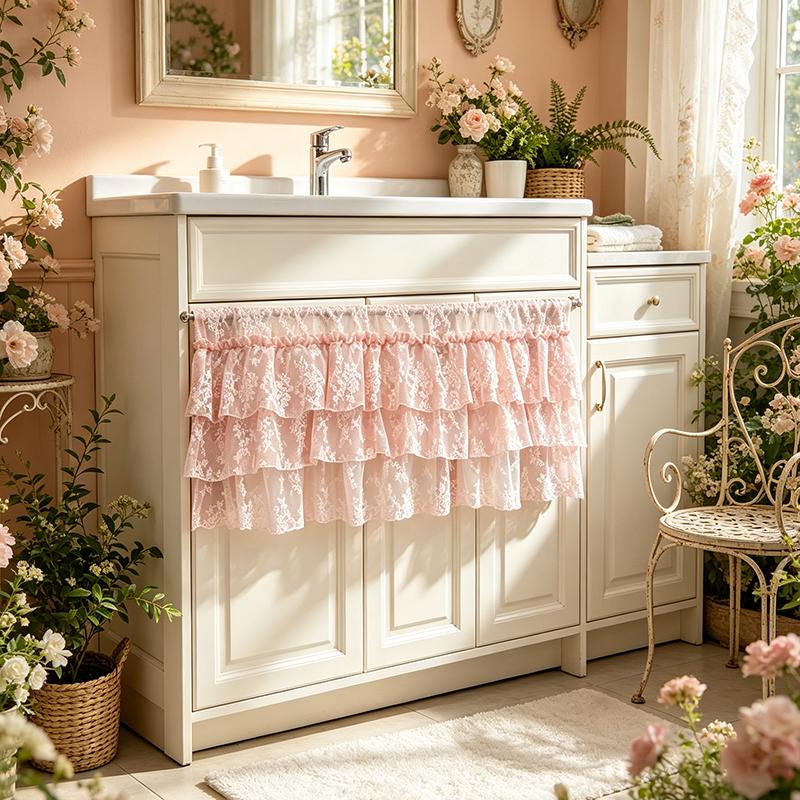 Koreaanse Roze Romantische Ruches Kant Taartrok Doorzichtig Kort Gordijn Bloemen Halfgordijn Voor Woonkamer Bruiloft Huisdecoratie W100 x H45cm 1Piece&Rod Pocket&1 panel roze