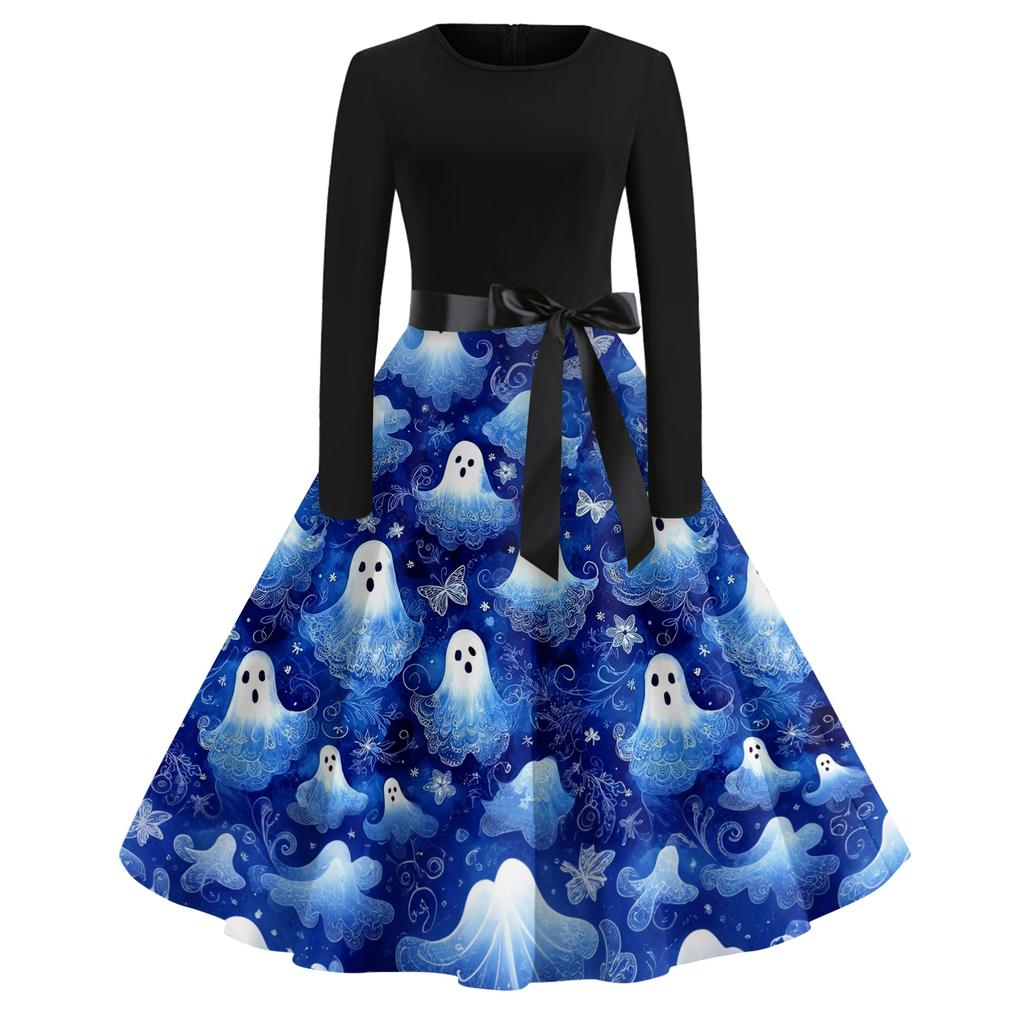 Women Casual Vintage Halloween Print Dress Long Sleeve Round Neck Retro Fit and Flare Midi Dress with Waist Tie Belt