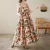 2026 Summer Cotton Linen Patchwork Long Dress with Slimming Loose Fit and Large Hem Skirt